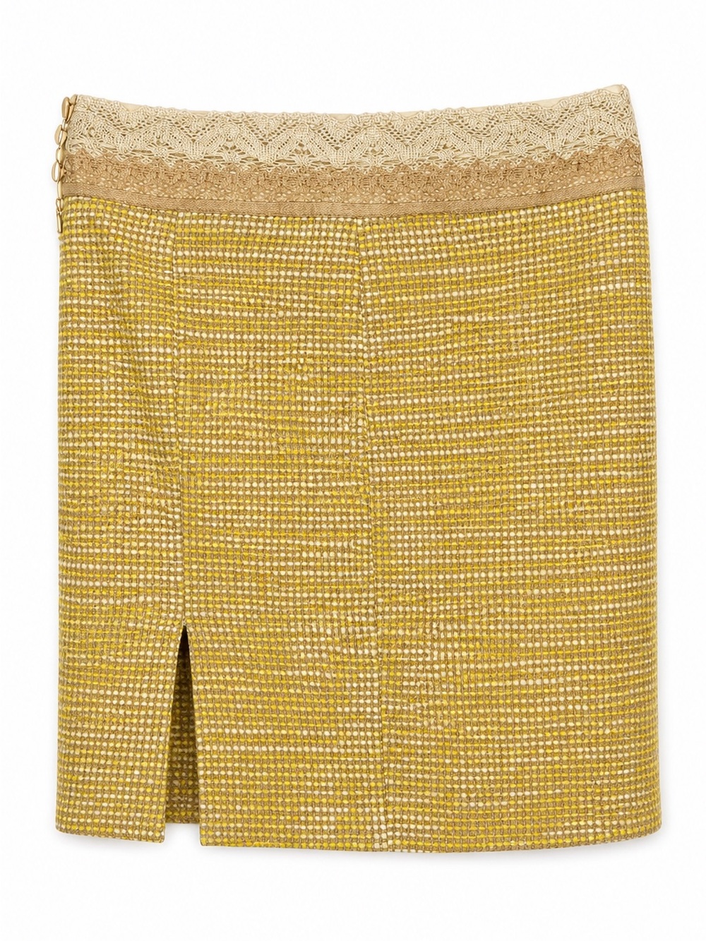 Nanette Lepore - Yellow Tweed Pencil Skirt with Cream Lace Waistband w/ Slits